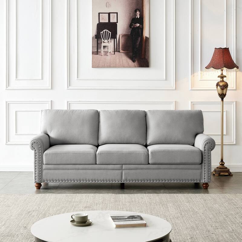 Fabric Upholstered Sofa with Storage Under Seat, Round Arm Design, Silver Nailhead Accents, Durable Solid Wood & Metal Frame - Grey