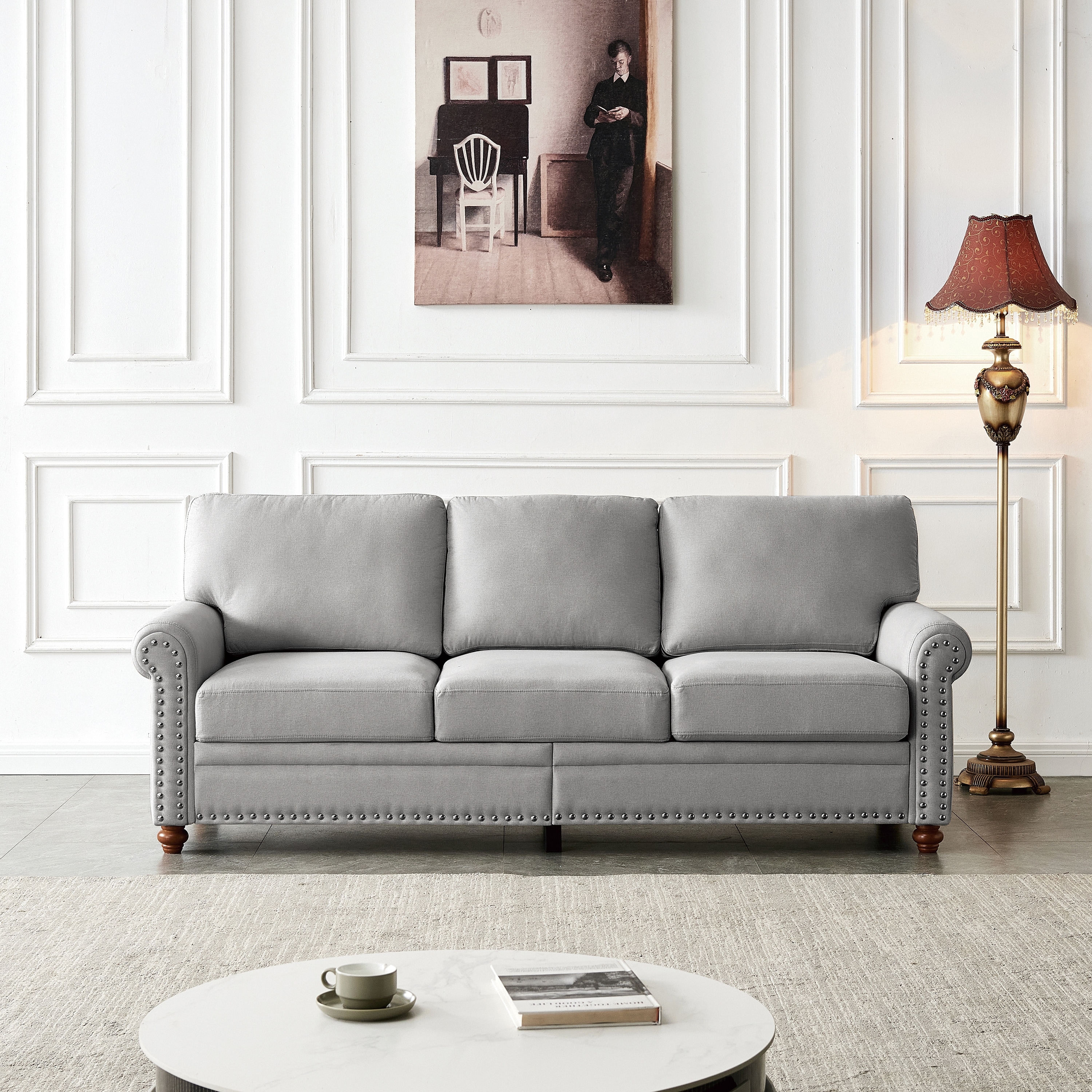 Gray leather sofa with nailhead trim sale