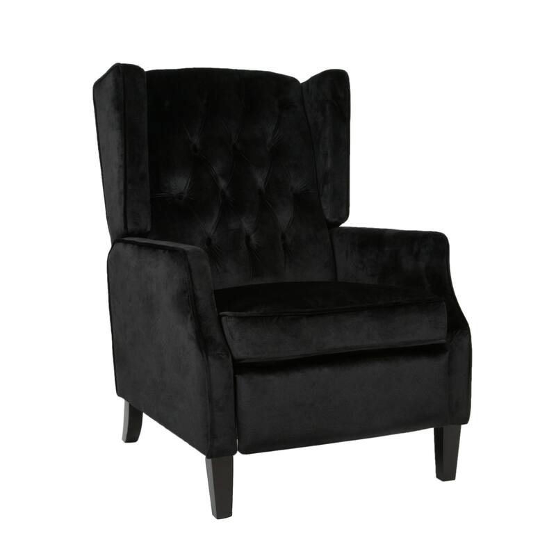 Octa Manual Recliner Chair, Button Tufted Wingback Design Black Velvet