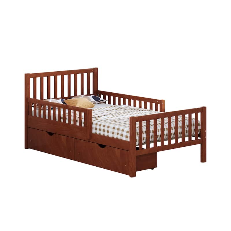 Roomfitters Twin Size Wood Platform Bed with Guardrails and 2 Storage Drawers, Walnut