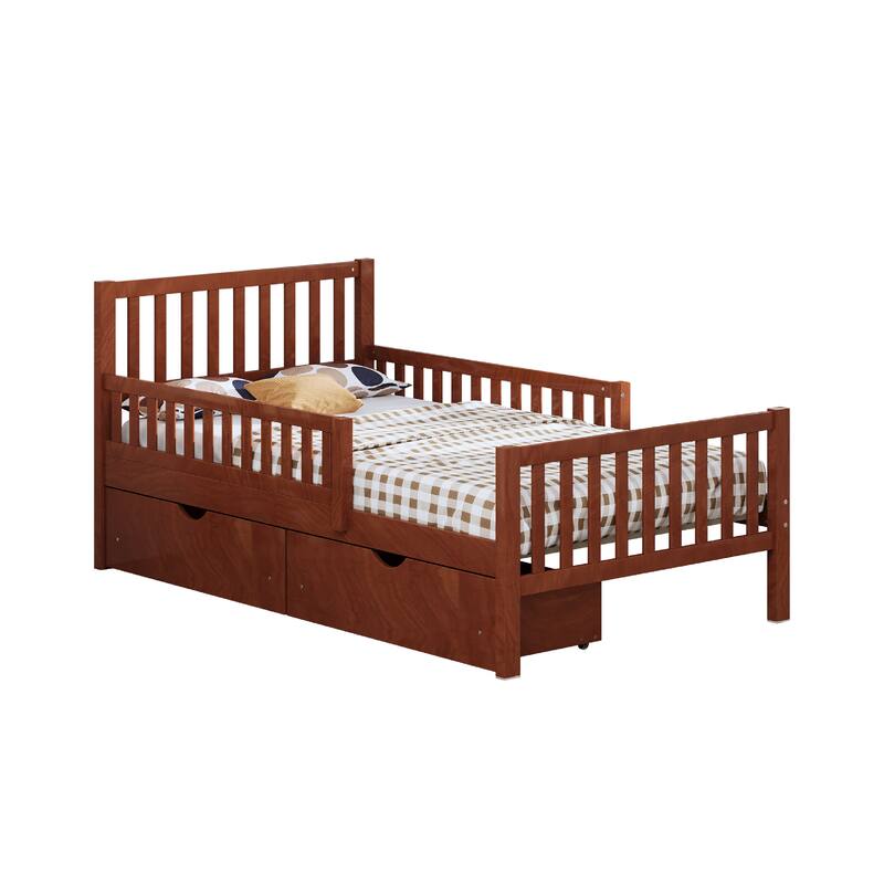 Wooden Twin/Full Size Platform Bed with Guardrails and Headboard, Classic Solid Pinewood Storage Bed Frame with 2 Drawers