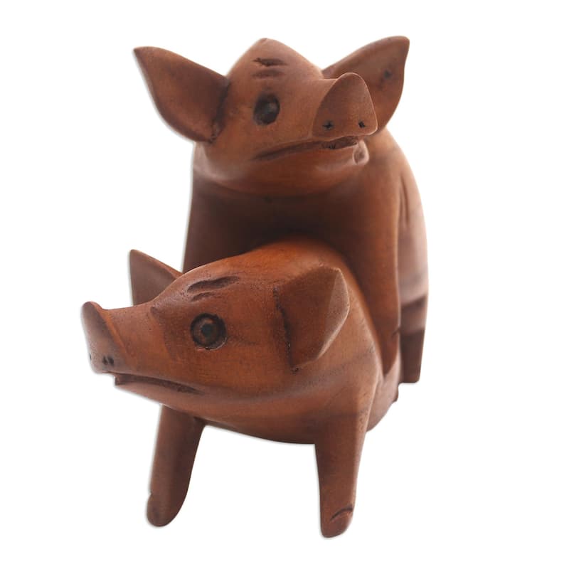 Novica Handmade Honeymoon Pigs Wood Statuette
