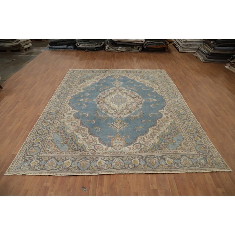 Hand Knotted Oriental 100% Wool Carpet Traditional Floral Navy Blue & Blues Tabriz Area Rug - 12' 0'' X 9' 10''