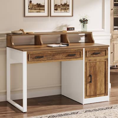 Computer Desk with Drawers and Hutch, Executive Office Desk with Storage Door Cabinet