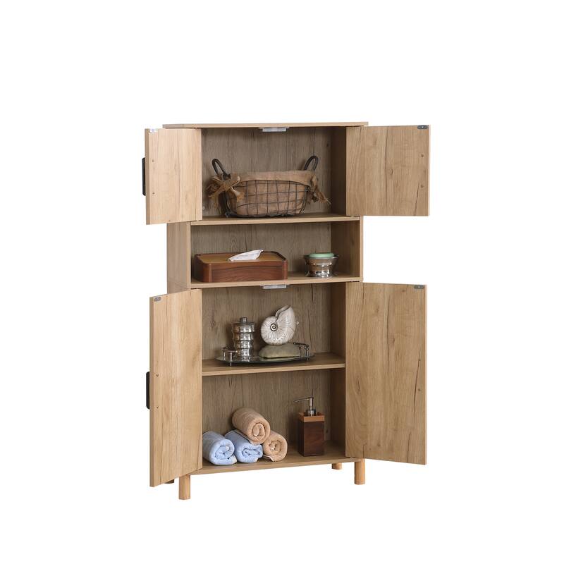 Mid-Century Modern 4-Door Storage Cabinet with Woven Rattan Doors & Adjustable Shelves - Perfect for Living Room & Dining Room