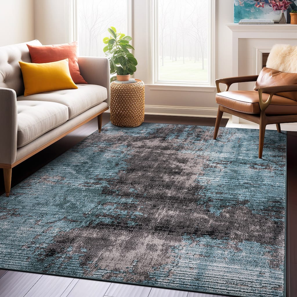 World Rug Gallery Abstract Design Distressed Blue Area Rug