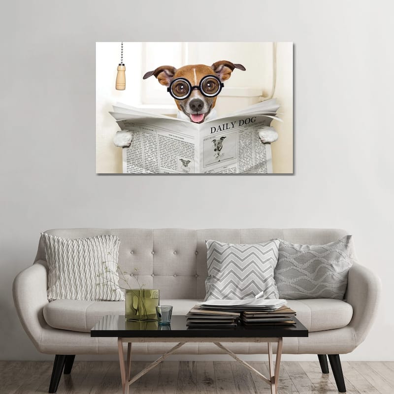 iCanvas "Dog On Toilet Seat Reading Newspaper IV" by damedeeso Canvas Print - 32x48x1.5