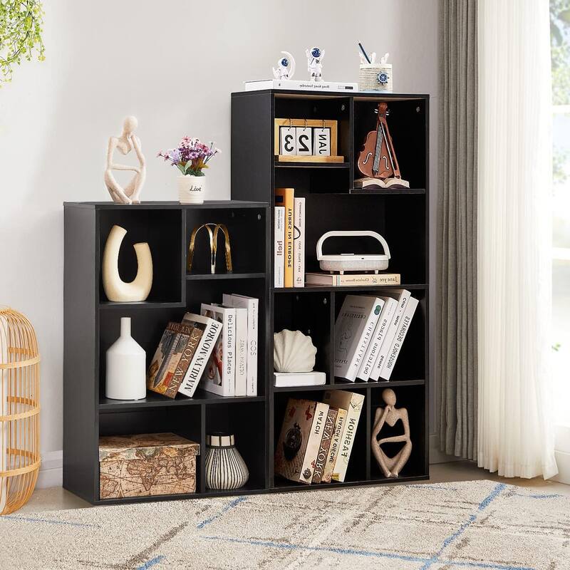 VECELO Wide Wood Organizer Bookcase Sets - 12 Cubes - Black
