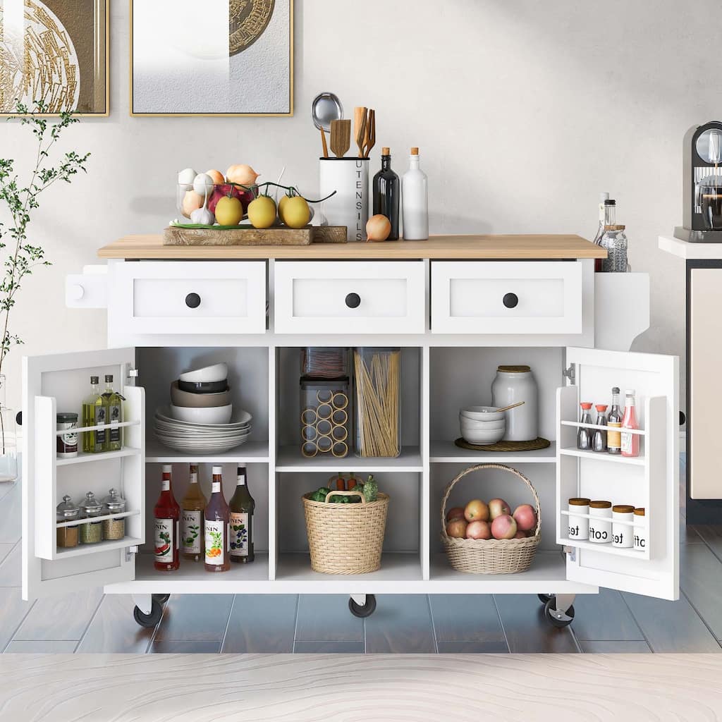 Kitchen Cart with Rubber wood Drop-Leaf Countertop ,Cabinet door internal storage racks,Kitchen Island on 5 Wheels