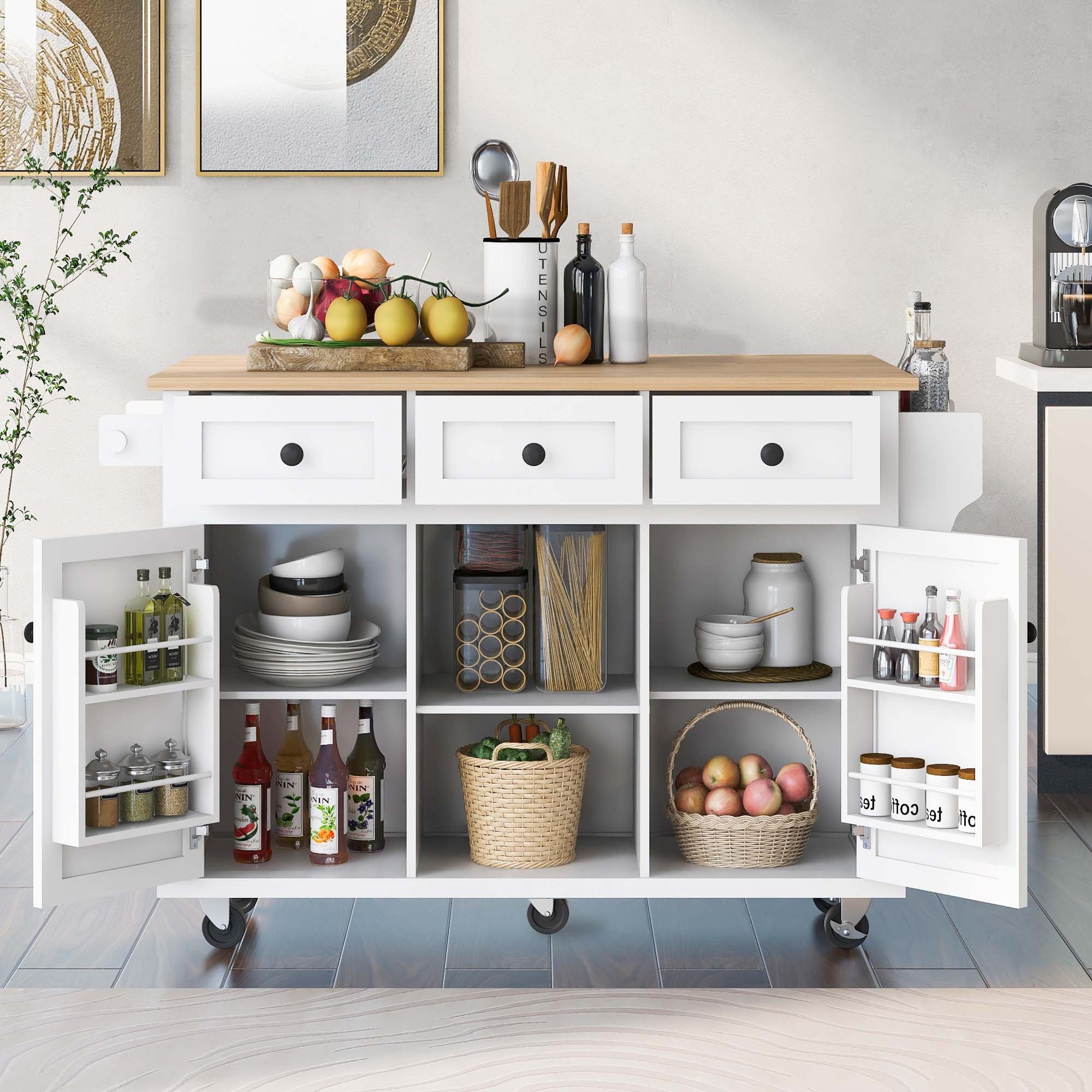 Kitchen Cart with Rubber wood Drop-Leaf Countertop ,Cabinet door internal storage racks,Kitchen Island on 5 Wheels
