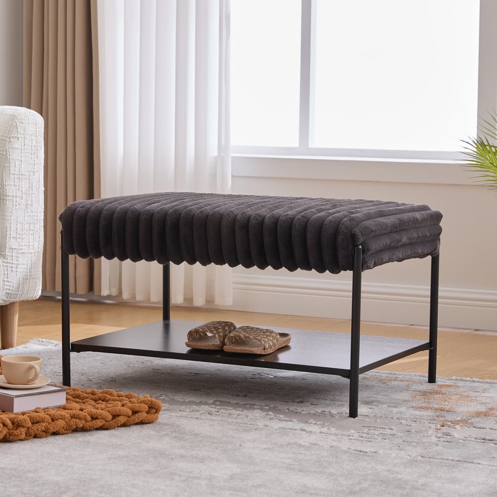 30.7"W Modern Ottoman Coffee Table,Upholstered Bench Footrest with Wood Storage Shelf