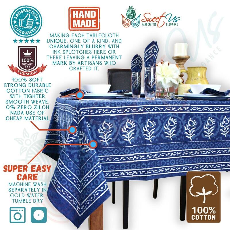 Regal Block Print Cotton Dabu Floral Tablecloth Collection