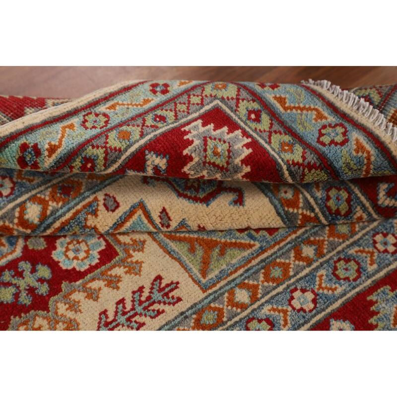 Geometric Beige Kazak Accent Rug Hand-Knotted Oriental Wool Carpet - 3'4" x 4'9"