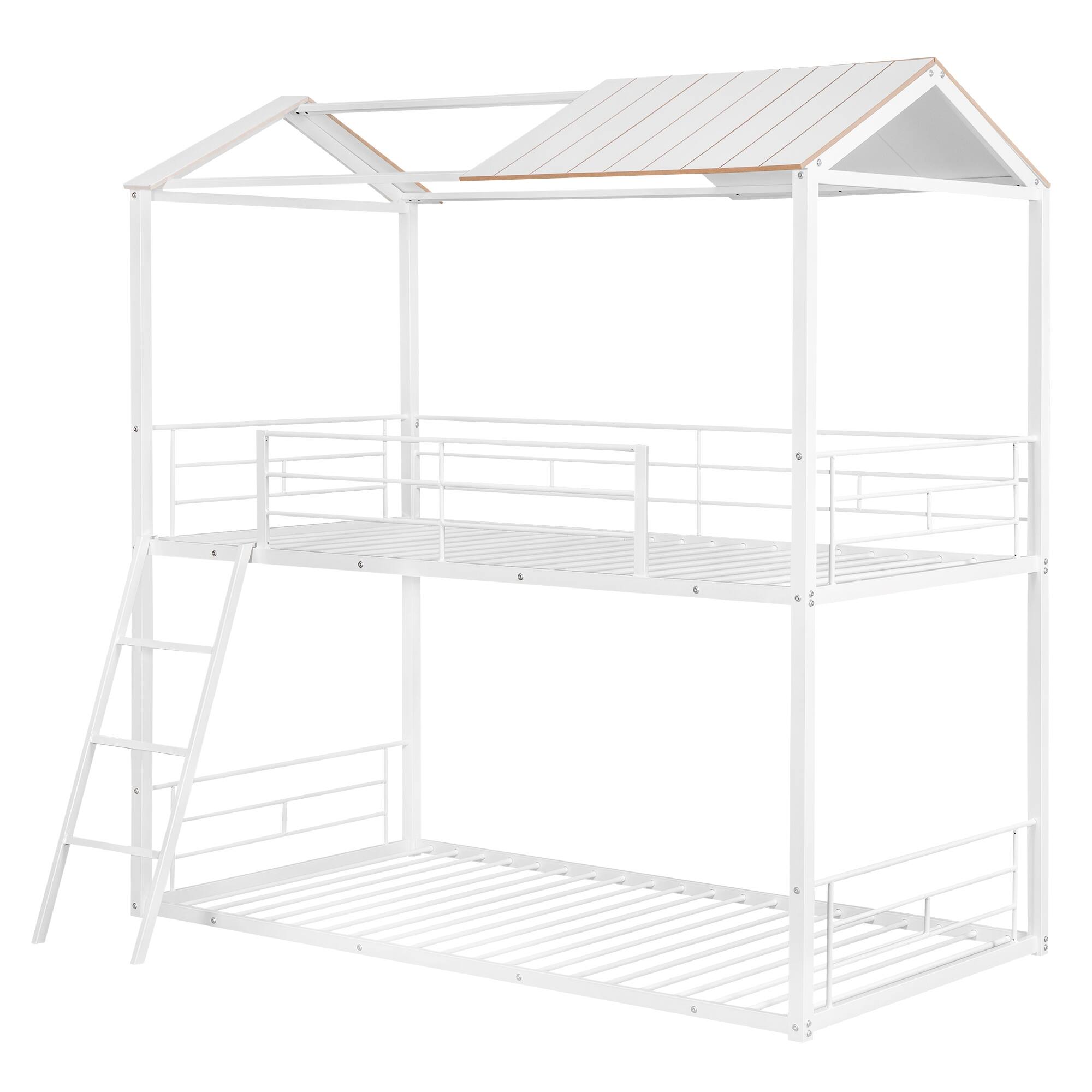 Twin Over Twin House Bunk Bed Metal Bed Frame with Half Roof, Safety