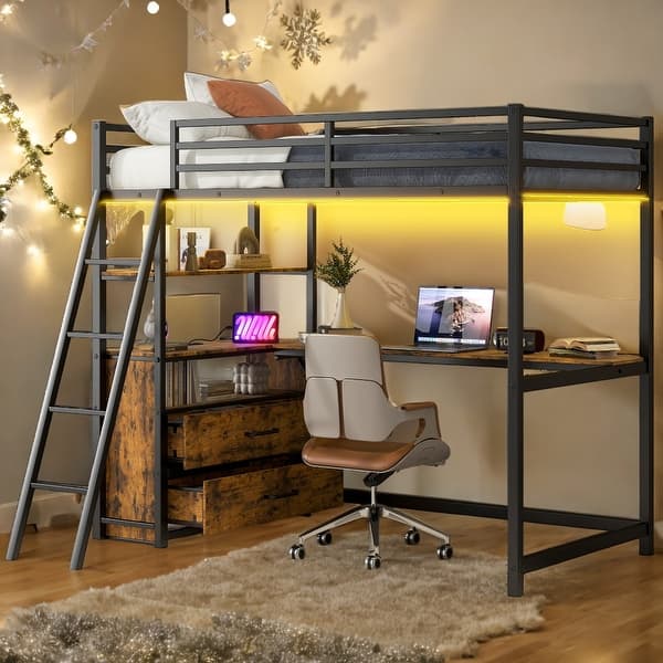 slide 2 of 12, Grey Metal&Wood Twin Size Loft Bed w/Desk and Shelves, 2 Built-in Drawers, LED Light and USB Ports Grey