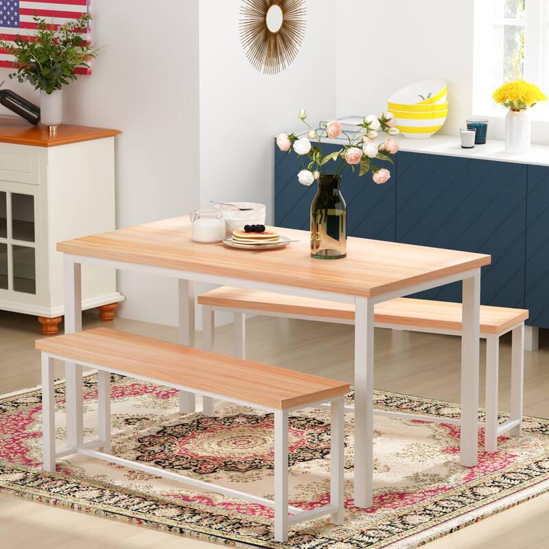 Mieres Vintage Industrial Style 3 Piece Dining Table with 2 Benches Set, Space Saving Kitchen Dining Room Bar Table Set - Natural