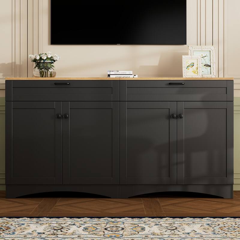 Farmhouse Style TV Stand Versatile Wood Grain Sideboard, for TVs up to 70 Inches with 2 Drawers, for Living Room/Bedroom, Black
