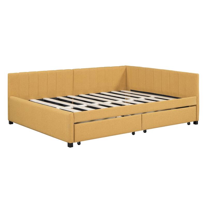 Full Size Upholstered Daybed with 2 Storage Drawers, Linen Fabric Sofa Bed Frame, No Box Spring Needed