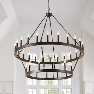 Large Modern Farmhouse Candle Chandeliers 2 Tier Black Wagon Wheel Chandeliers