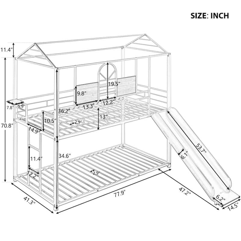 White Twin Over Twin Metal Bunk Bed with Slide, Playhouse Design