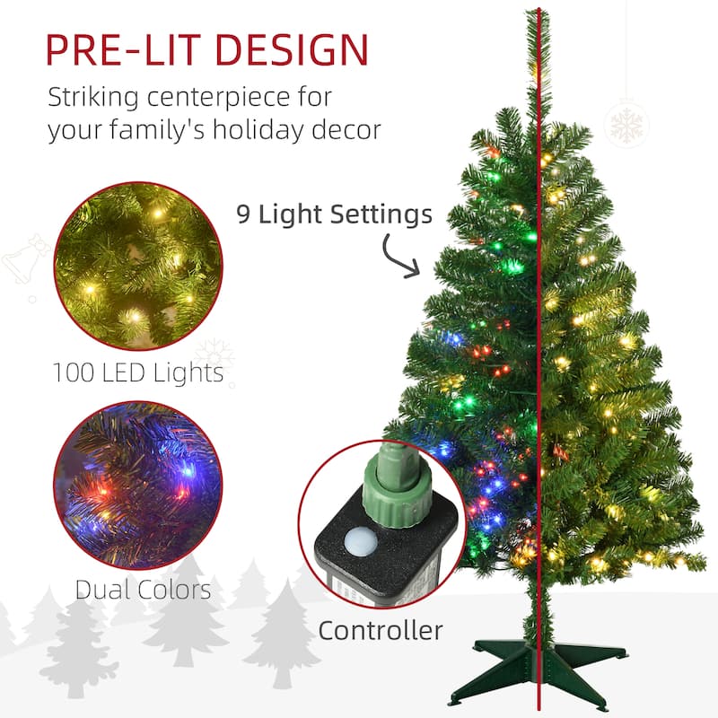 HOMCOM 4ft Tall Prelit Artificial Christmas Tree Holiday Décor with 208 Branches, 100 Warm White or Colorful LED Lights
