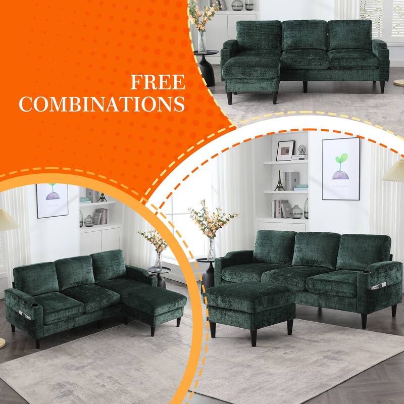 HOMEFUN Chenille Upholstered L-Shaped Living Room Sofa with Storage Ottoman