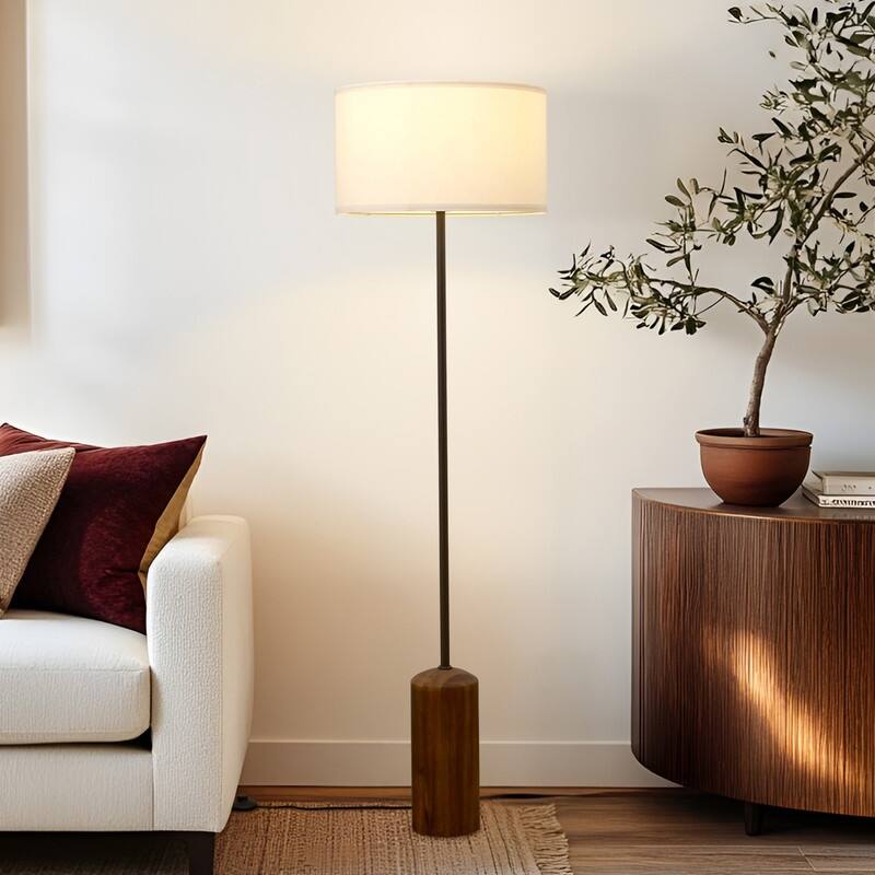 Brightech Oren LED Walnut Brown Wood Midcentury Super Bright Floor Lamp with Cream Cotton Drum Shade