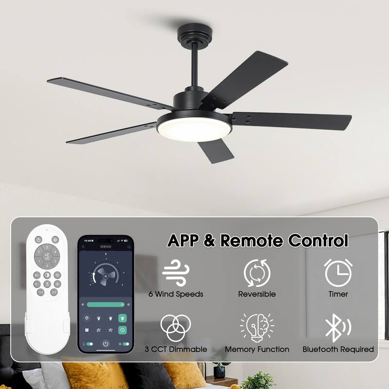 52" Industrial Matte Black Smart Ceiling Fan with Dimmable LED Light and Remote