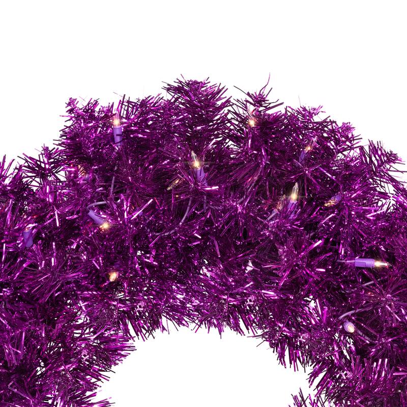 Pre-Lit Tinsel Artificial Christmas Wreath - 24" - Purple - Clear Lights