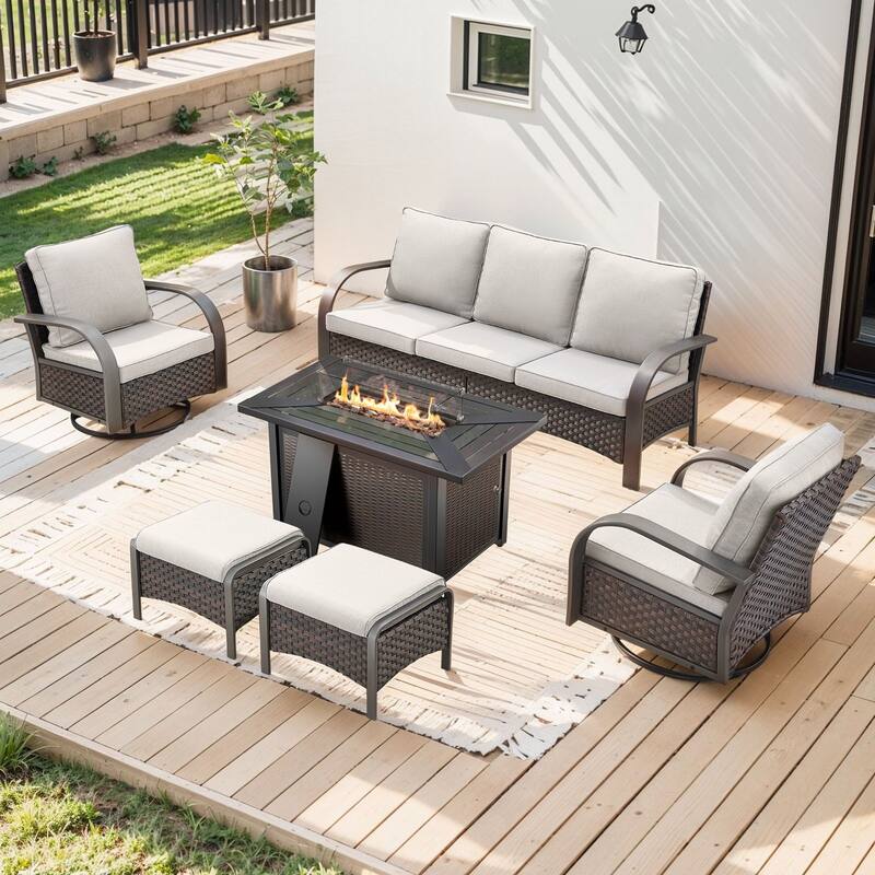Propane Fire Pit with Outdoor Patio Funiture Set - Brown Rattan - Beige Cushion - 6PCS Sofa Swivel Chair Ottoman with Fire Table