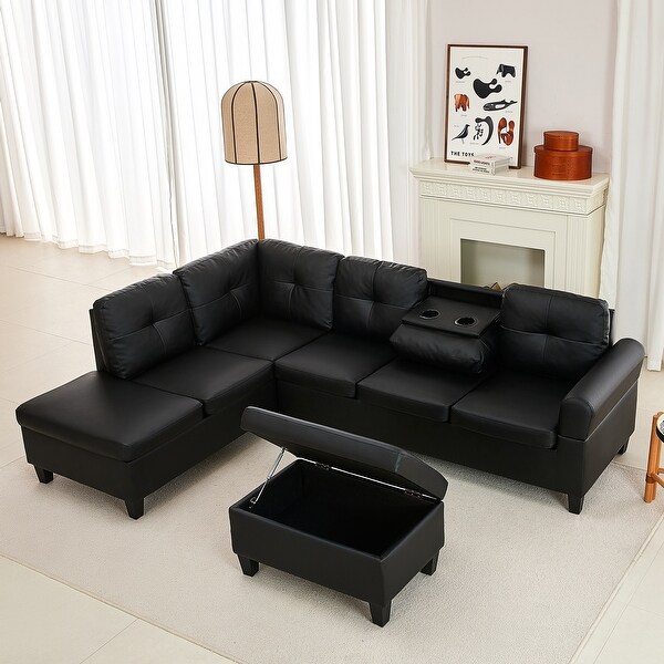 Modern 3 Piece Faux Leather Reversable Sectional with Storage Ottoman Dropdown Table Cup Holders On Sale Bed Bath Beyond 40655126