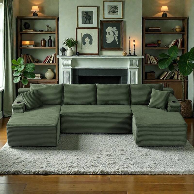 Compressible U-Shaped Modular Sectional Sofa, Corduroy Cloud Couch, 6-Seat Minimalist Living Room Sofa