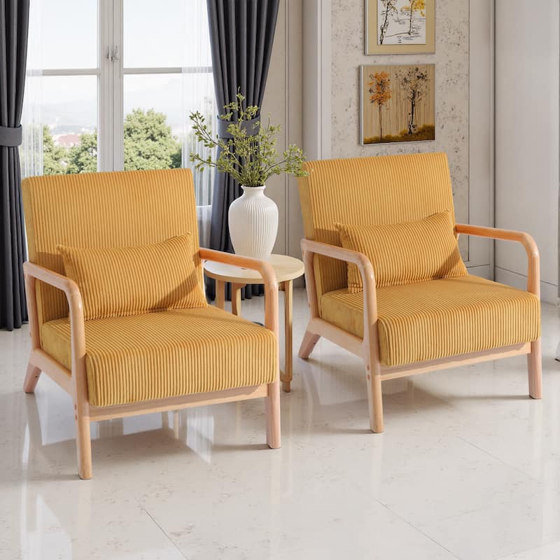 2 Set Scandinavian Upholstered Leather Corduroy Lounge Arm Chair with Pillow - Set of 2
