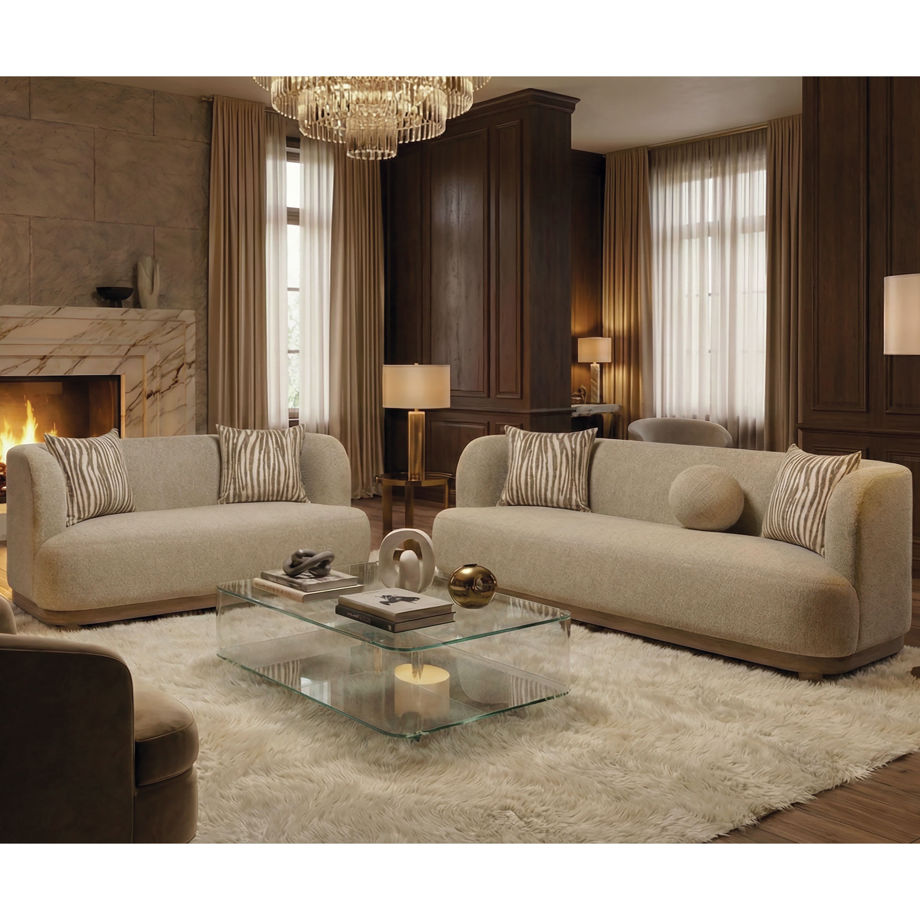 Furniture of America Solace Modern 2-Piece Light Brown Solid Wood Sofa Set with Accent Pillows