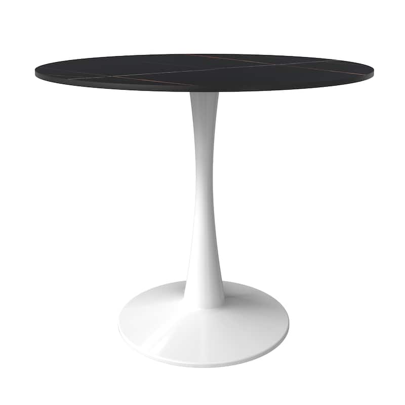 Bristol Round Dining Table for 4, 35" Sintered Stone Tabletop with White Stainless Steel Pedestal Base