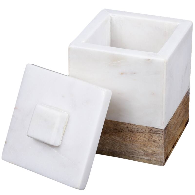 Creative Home Off-White Marble and Mango Wood Cotton Ball Swab Holder, Bathroom Storage Jar