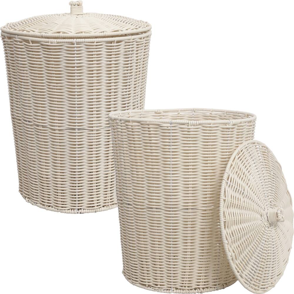 Ollie Coastal Contemporary Resin 4.7-Gallon Tapered Round Wicker Watebasket with Lid (Set of 2)
