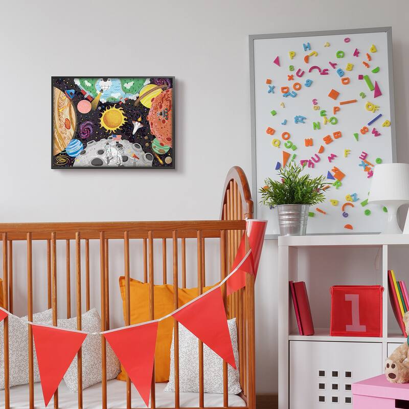 Stupell Lively Outer Space Planets Astronauts on Moon Framed Wall Art - Multi-Color