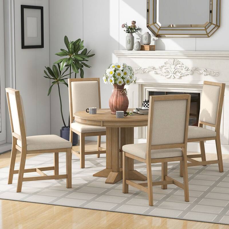 Spruce & Spring Round Dining Table Set for 4, Extendable 5-Piece Mid Century Modern Farmhouse Table with Upholstered Chairs - Natural