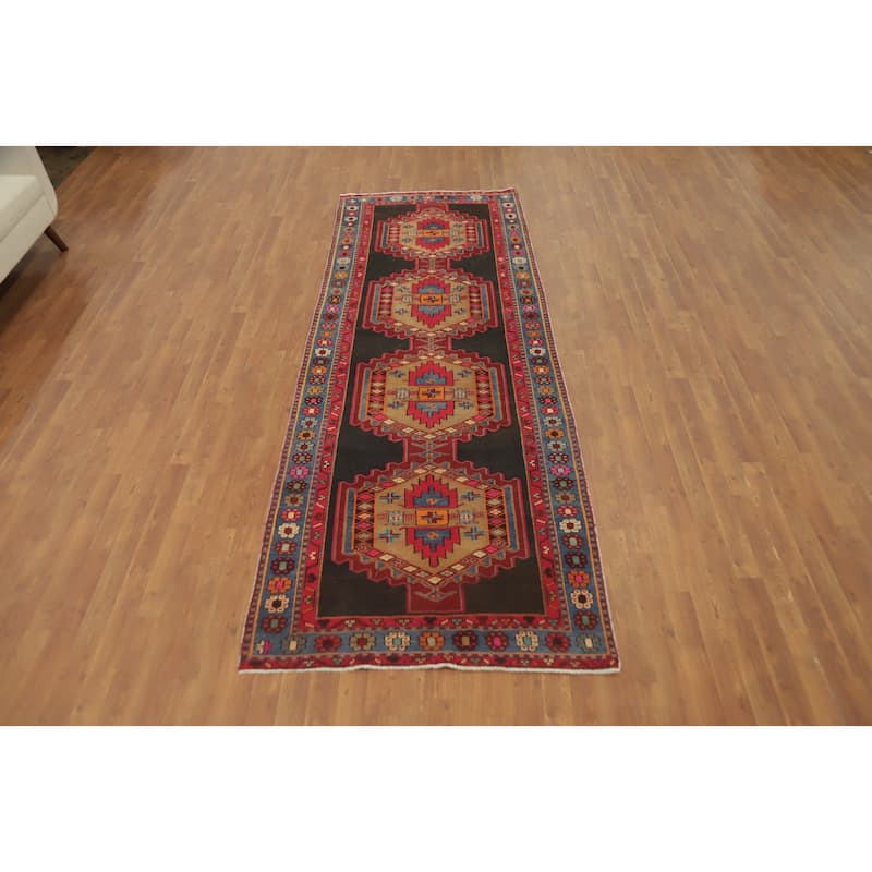 Hand Knotted Oriental 100% Wool Carpet Traditional Geometric Greys & Charcoal Ardebil Runner Rug - 10' 1'' X 3' 8''