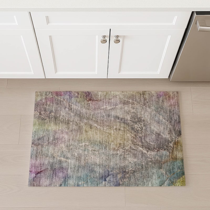 Machine Washable Indoor/ Outdoor Abstract Watercolor Chantille Rug