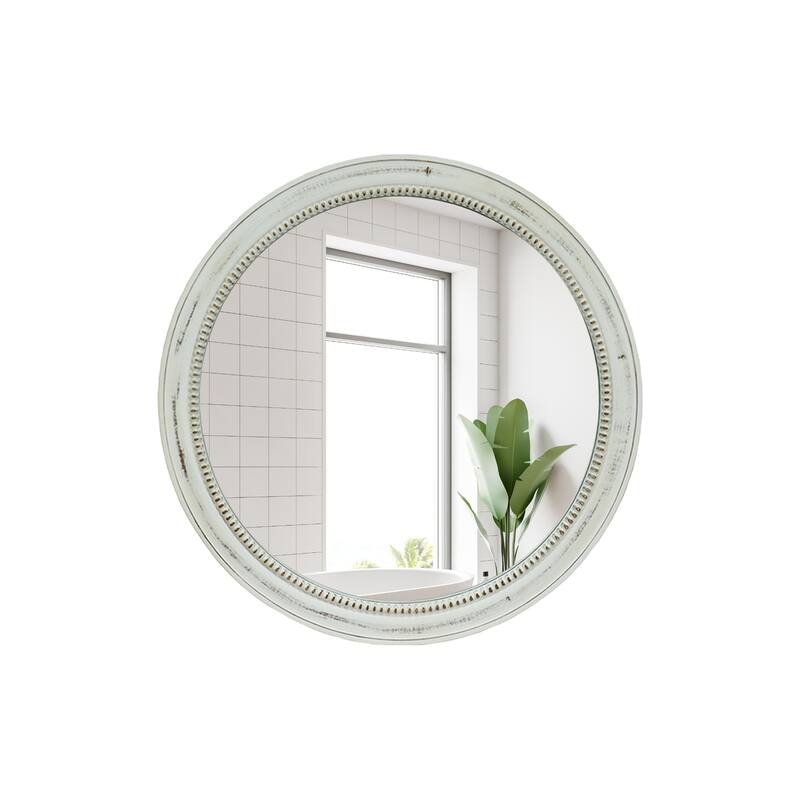 Round Distressed White Wood Beaded Wall Mirror - Natural Wood