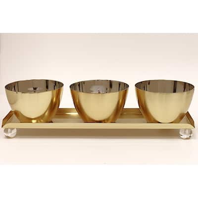 3 Bowl Relish Dish on Tray Gold with Clear Ball Legs - 14.8"L
