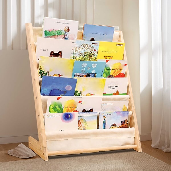 slide 2 of 7, Kids Canvas Sling Bookshelf Children's Bookcases and Storage - 6 Tiers Yellow