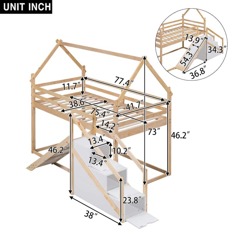 Merax Twin over Twin House Loft or Bunk Bed with Slide and Staircase