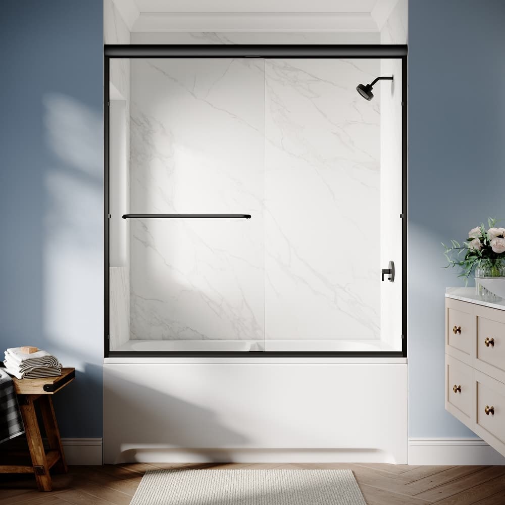 Elegant Double Sliding Shower Door in Matte Black Finish with 1/4 inch Clear Shower Tempered Glass Panel Tub Door