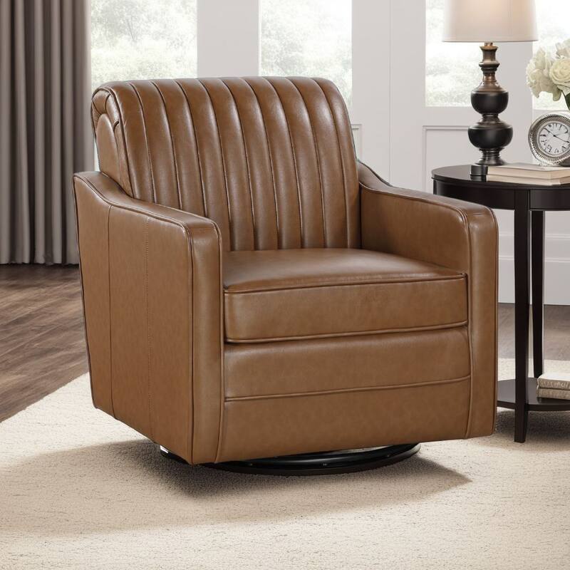 Vemy Swivel Chair, Vertical Channel Tufted Back, Brown Faux Leather