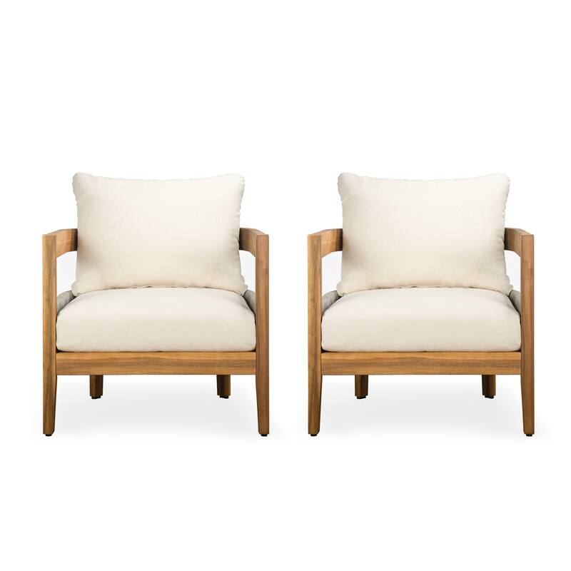 Roomfitters Porto Outdoor Club Chair with Cushion, Acacia Wood Frame, Patio Lounge Seating, Teak + Beige