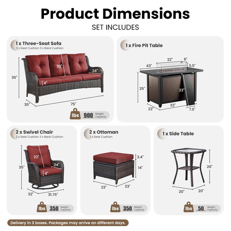 Gymojoy 7-Piece Patio Set w/ 55K BTU Fire Pit, 3-Seater Sofa, Swivel Rockers & Ottomans for Backyard, Deck