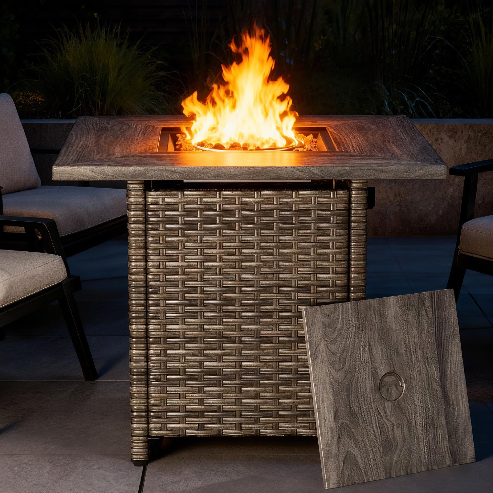 30 in. Square Brown Wicker and Metal Propane Gas Outdoor Fire Pit Table with Lava Rocks, 50000 BTU